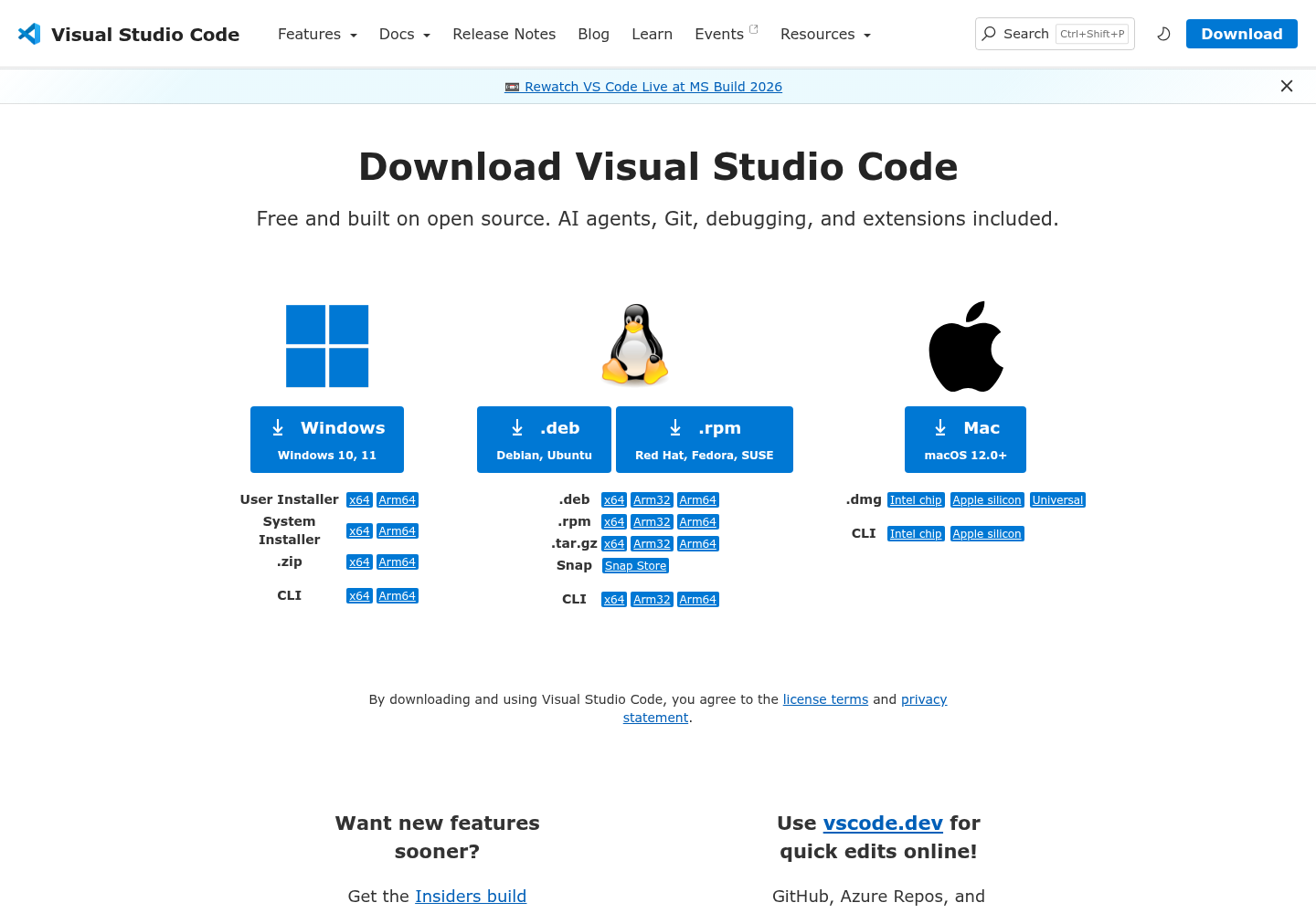 Официальная страница загрузки Visual Studio Code с кнопками Windows, Linux и Mac